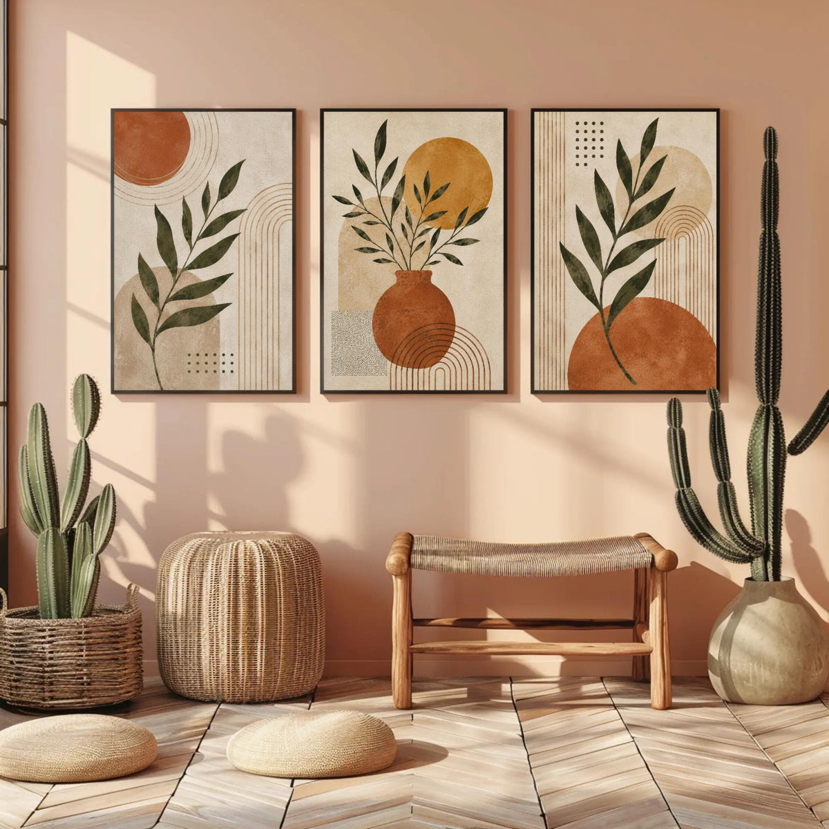 Boho botanical abstract trio canvas wall art, modern and minimalist interior design with three framed abstract paintings on
