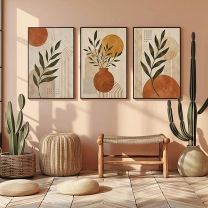 Boho botanical abstract trio canvas wall art, modern and minimalist interior design with three framed abstract paintings on