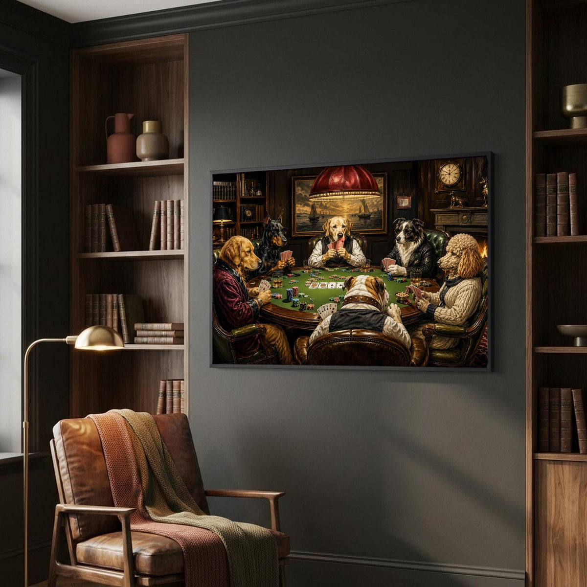 Dogs playing poker canvas wall art, group of dogs playing poker at a table, with one dog holding a deck of cards and others