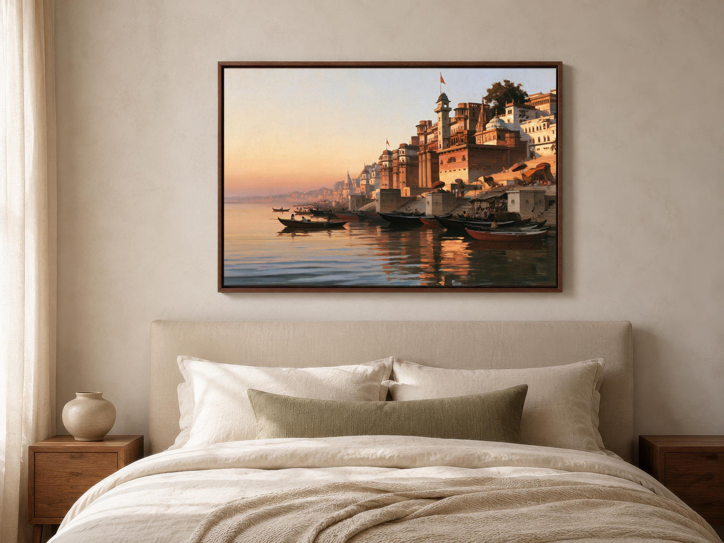 a large, framed painting of a serene waterfront scene with boats and buildings reflected in the water.