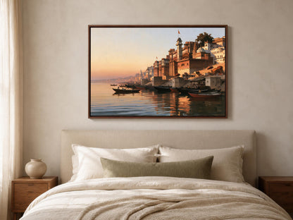 a large, framed painting of a serene waterfront scene with boats and buildings reflected in the water.