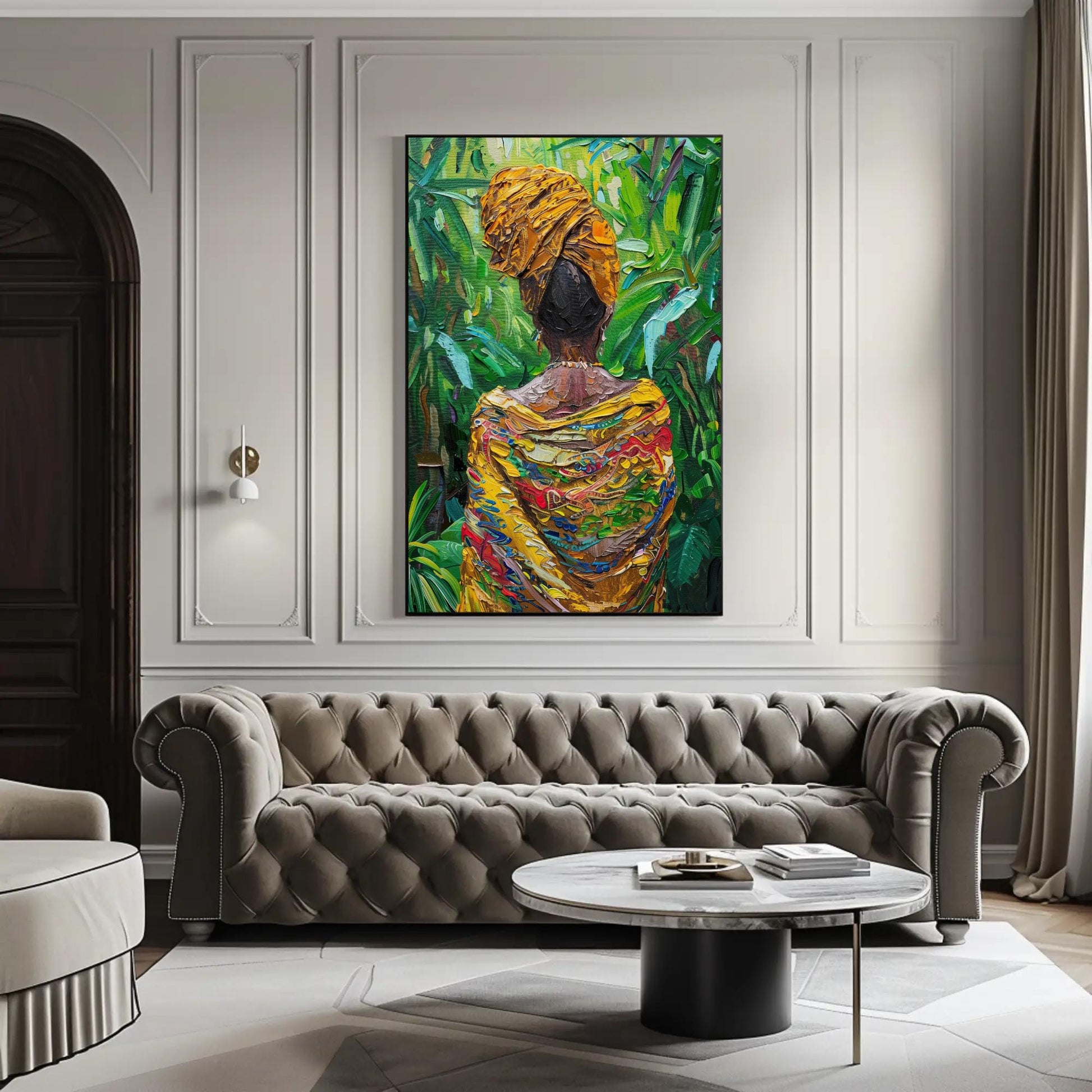 Caribbean Woman , Afro Caribbean Portrait Art canvas wall art shown in a living room