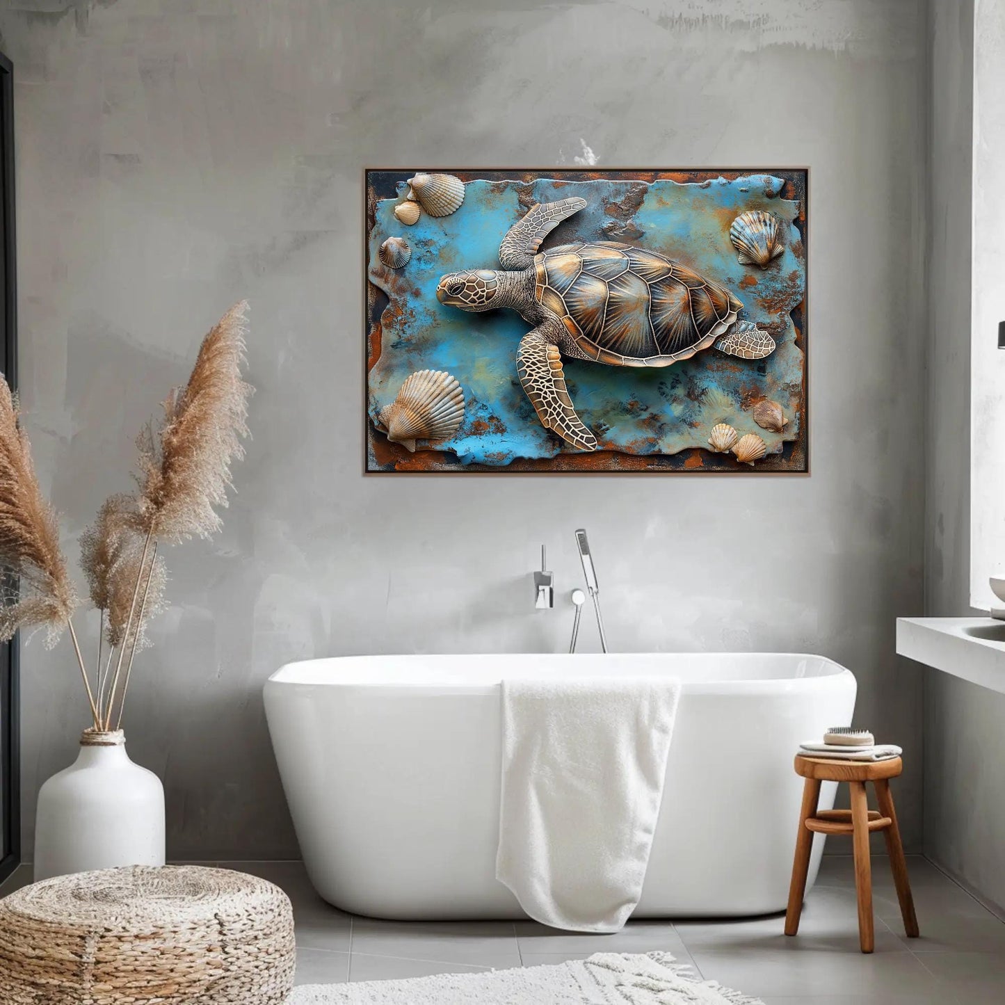3D Sea Turtle Art canvas wall art shown in a bathroom