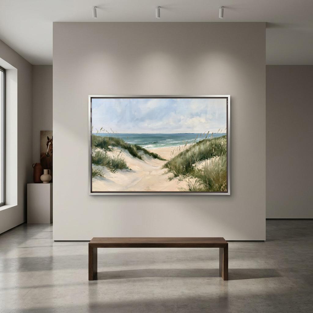 a large painting of a beach scene hanging on a wall in a modern art gallery. The painting depicts a sandy beach with dunes and grass, and the ocean in the background. In front of the painting, there is a wooden bench, providing a seating area for visitors to appreciate the artwork.