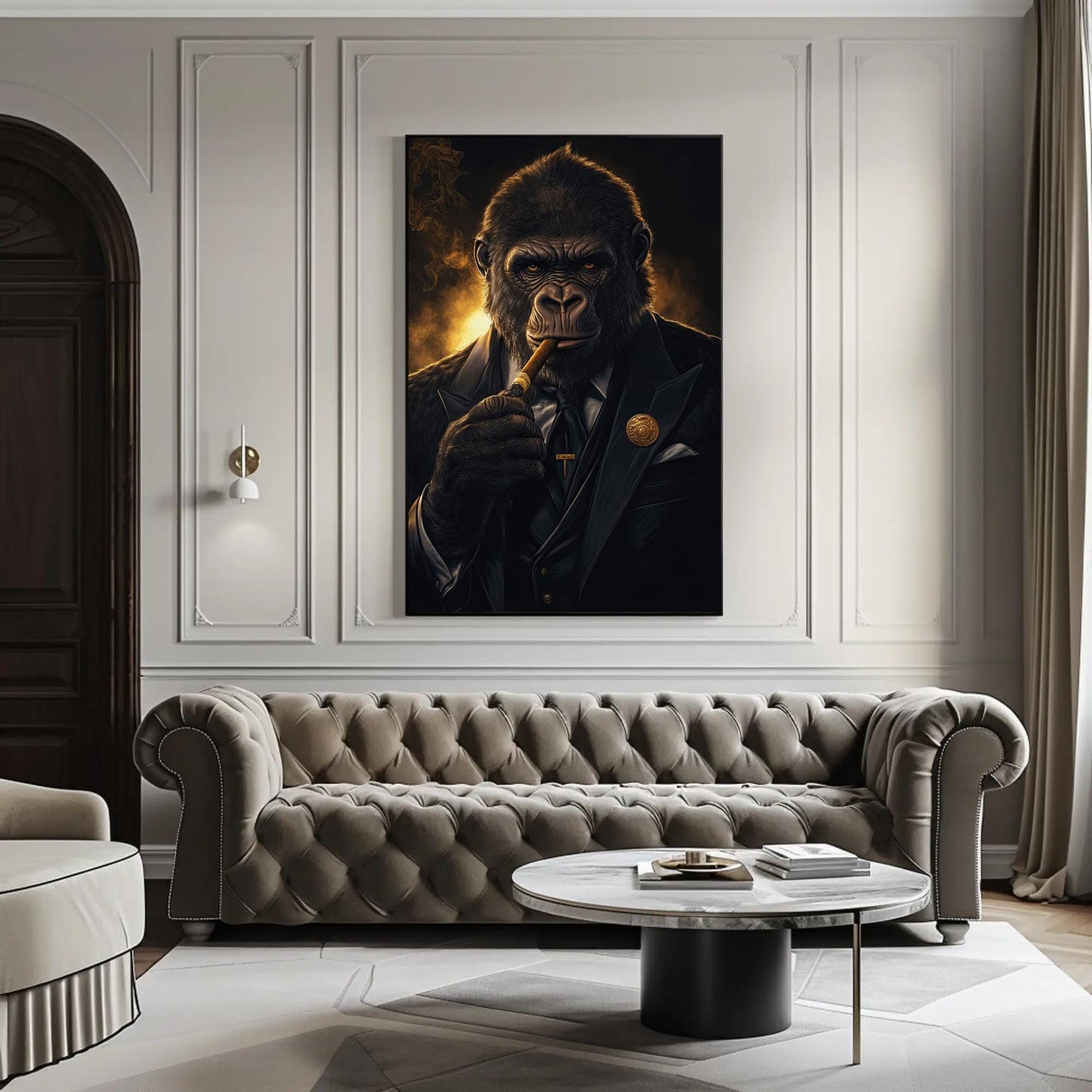 Suited Gorilla canvas wall art shown in a living room