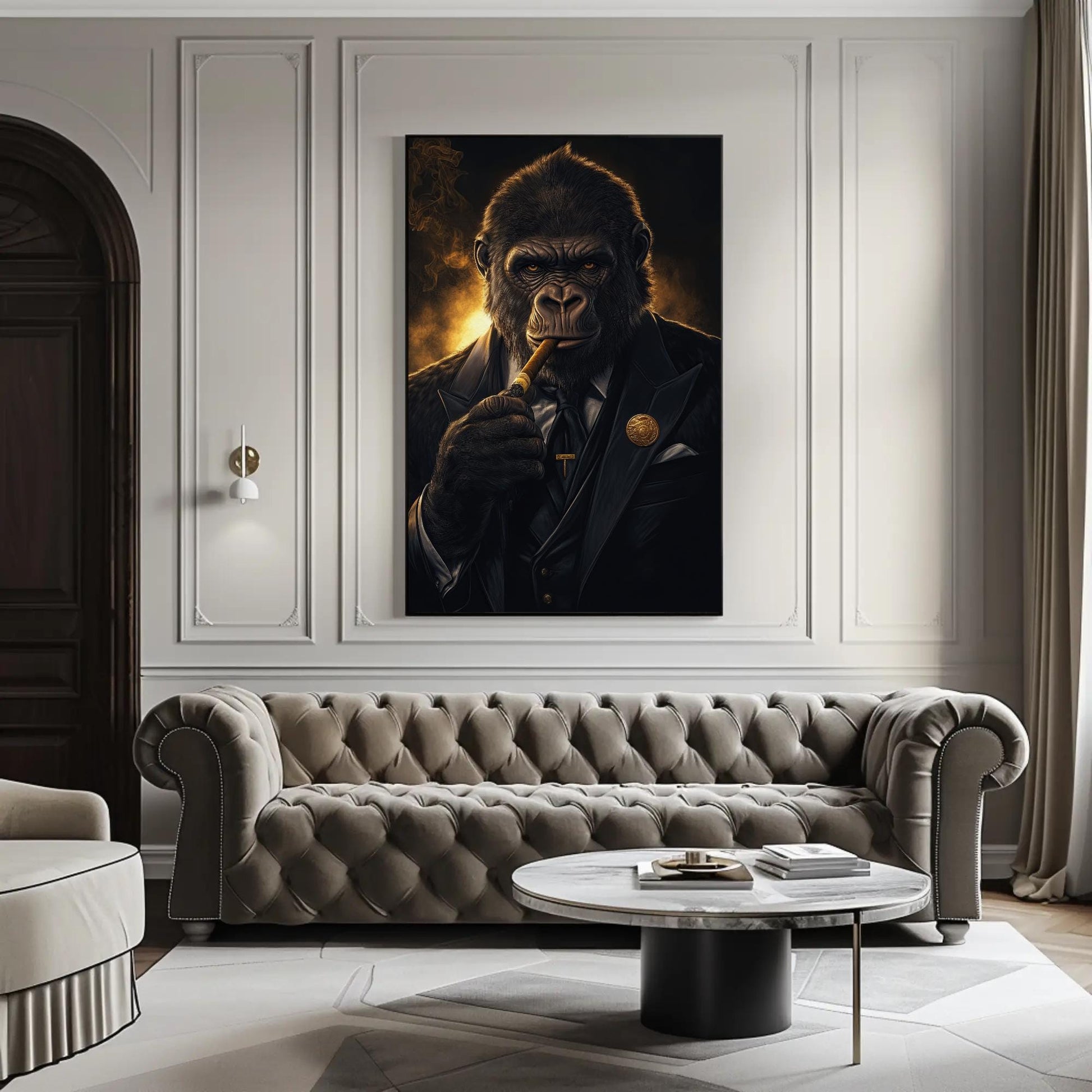 Suited Gorilla canvas wall art shown in a living room