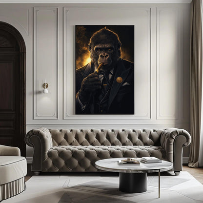 Suited Gorilla canvas wall art shown in a living room