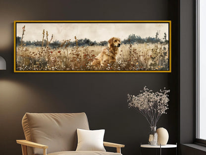 a painting of a dog in a field of flowers