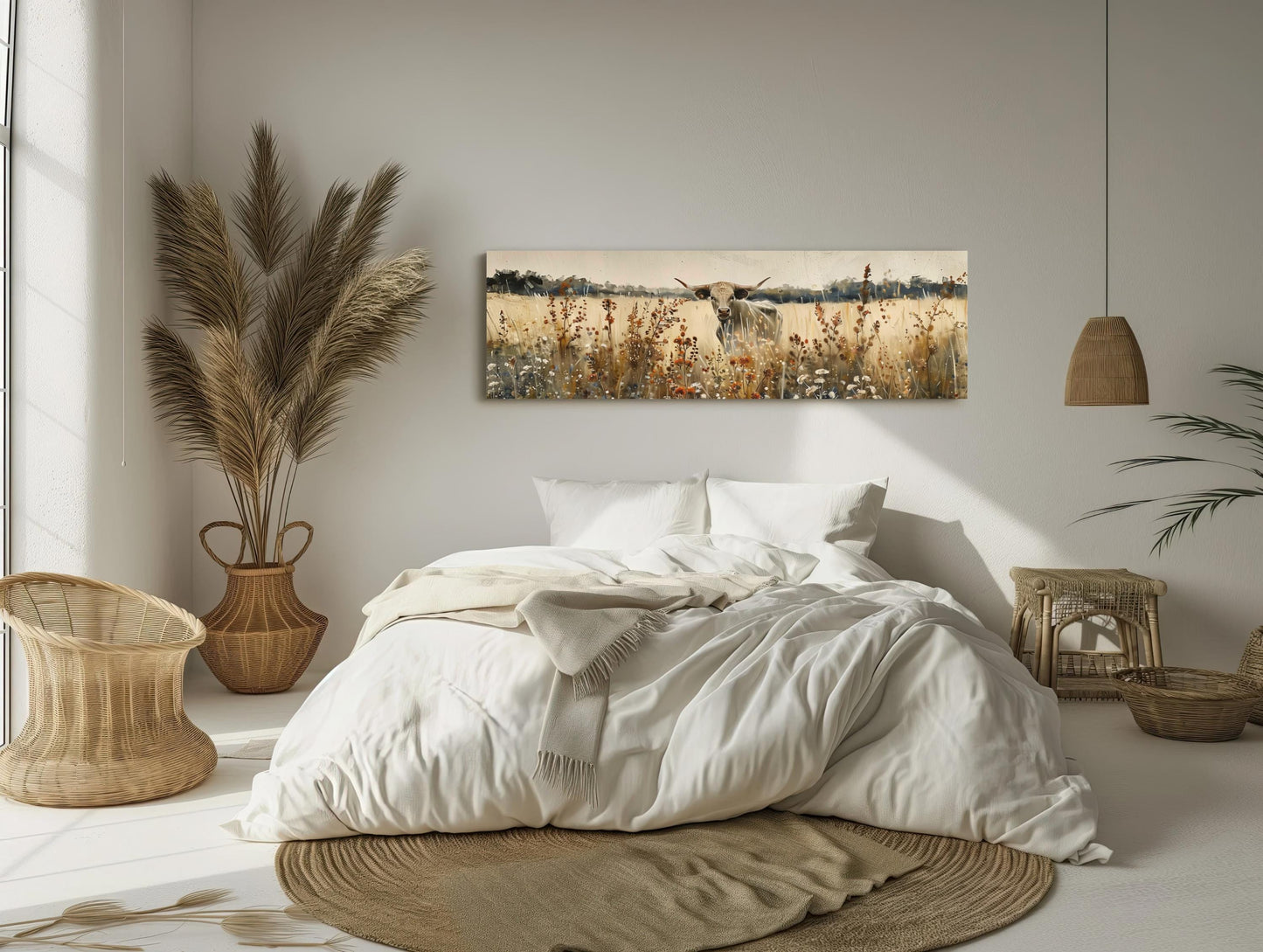 Texas Longhorn Cow canvas wall art shown in a bedroom