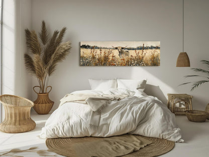 Texas Longhorn Cow canvas wall art shown in a bedroom
