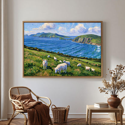a large painting of a pastoral scene with sheep grazing on a grassy hill overlooking a body of water. The painting is hung on a wall in a room with a wicker chair, a small table with a vase of flowers, and a bookshelf.