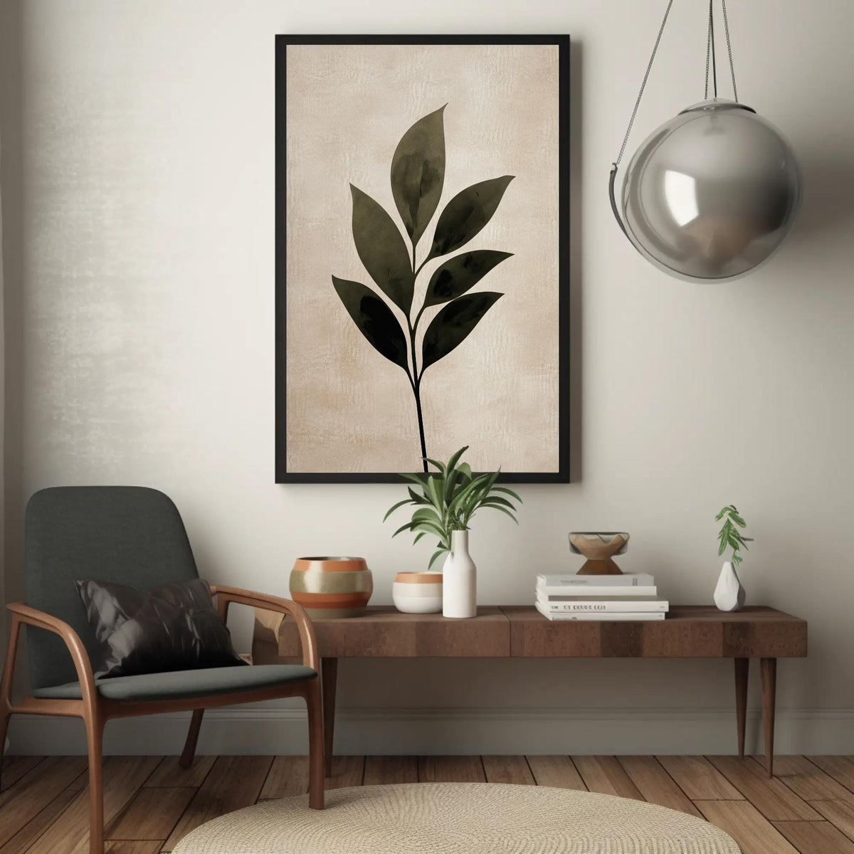 Minimalist leaf silhouette canvas wall art, living room with a chair and a table