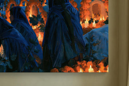 Day of the Dead candlelit vigil canvas wall art, group of people wearing blue robes, standing in a dark, mysterious setting