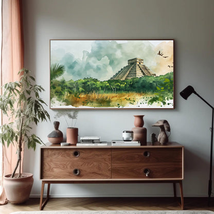 Chichen Itza canvas wall art shown in a styled room