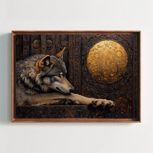 a painting of a wolf resting on a wall