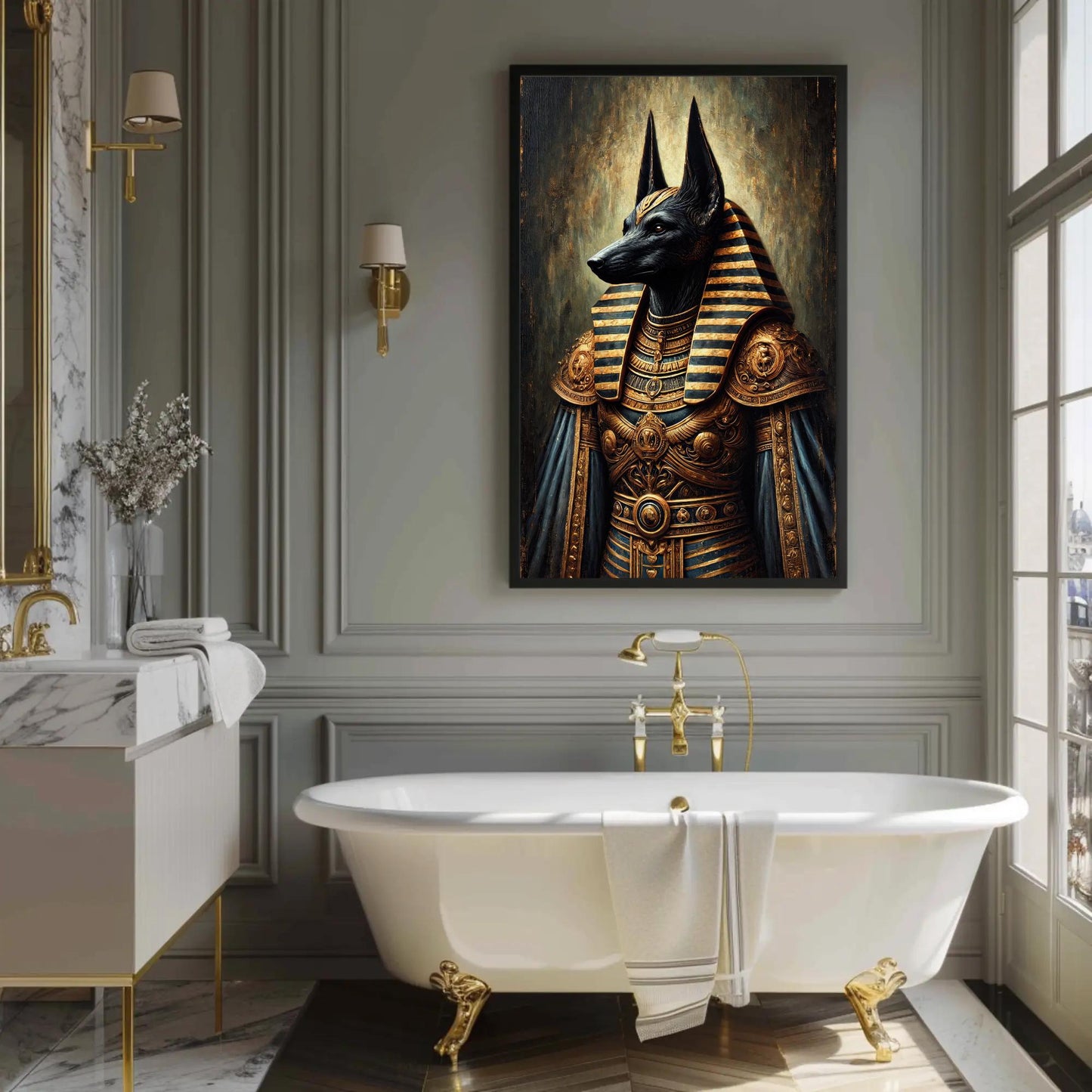 Anubis canvas wall art shown in a bathroom