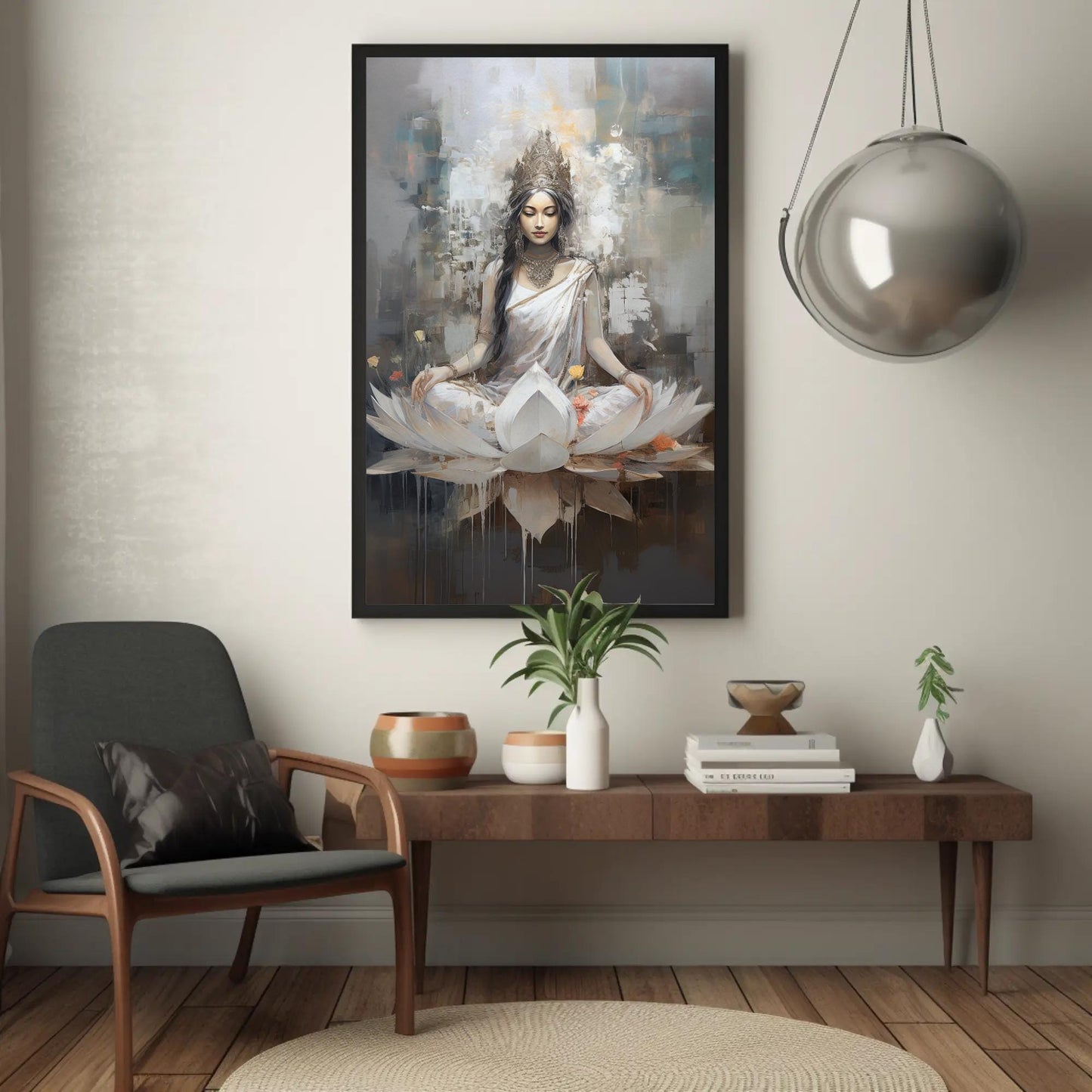 Goddess Lakshmi , Hindu Lotus canvas wall art shown in a styled room