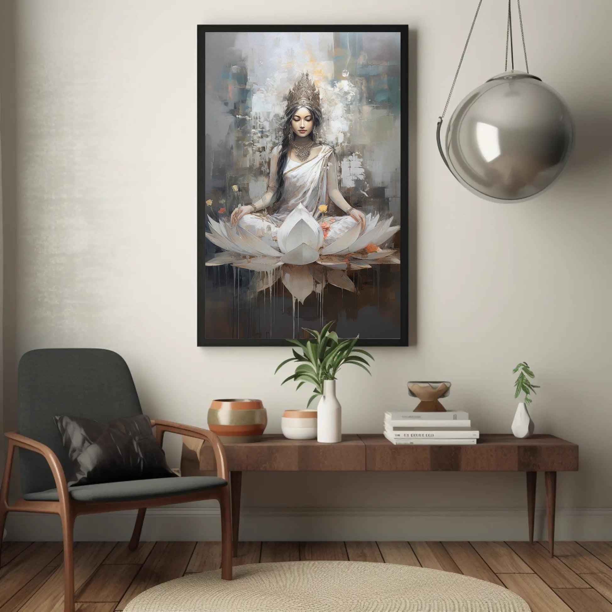 Goddess Lakshmi , Hindu Lotus canvas wall art shown in a styled room