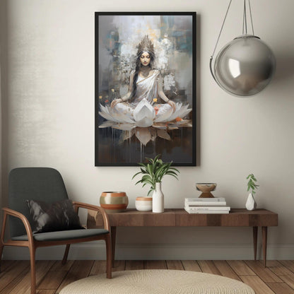 Goddess Lakshmi , Hindu Lotus canvas wall art shown in a styled room