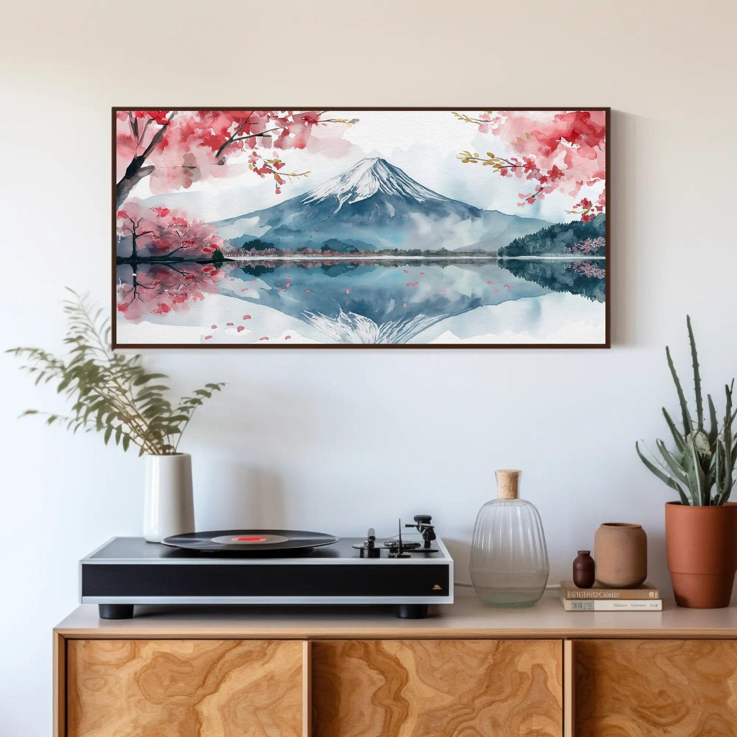 Mount Fuji canvas wall art shown above a cabinet