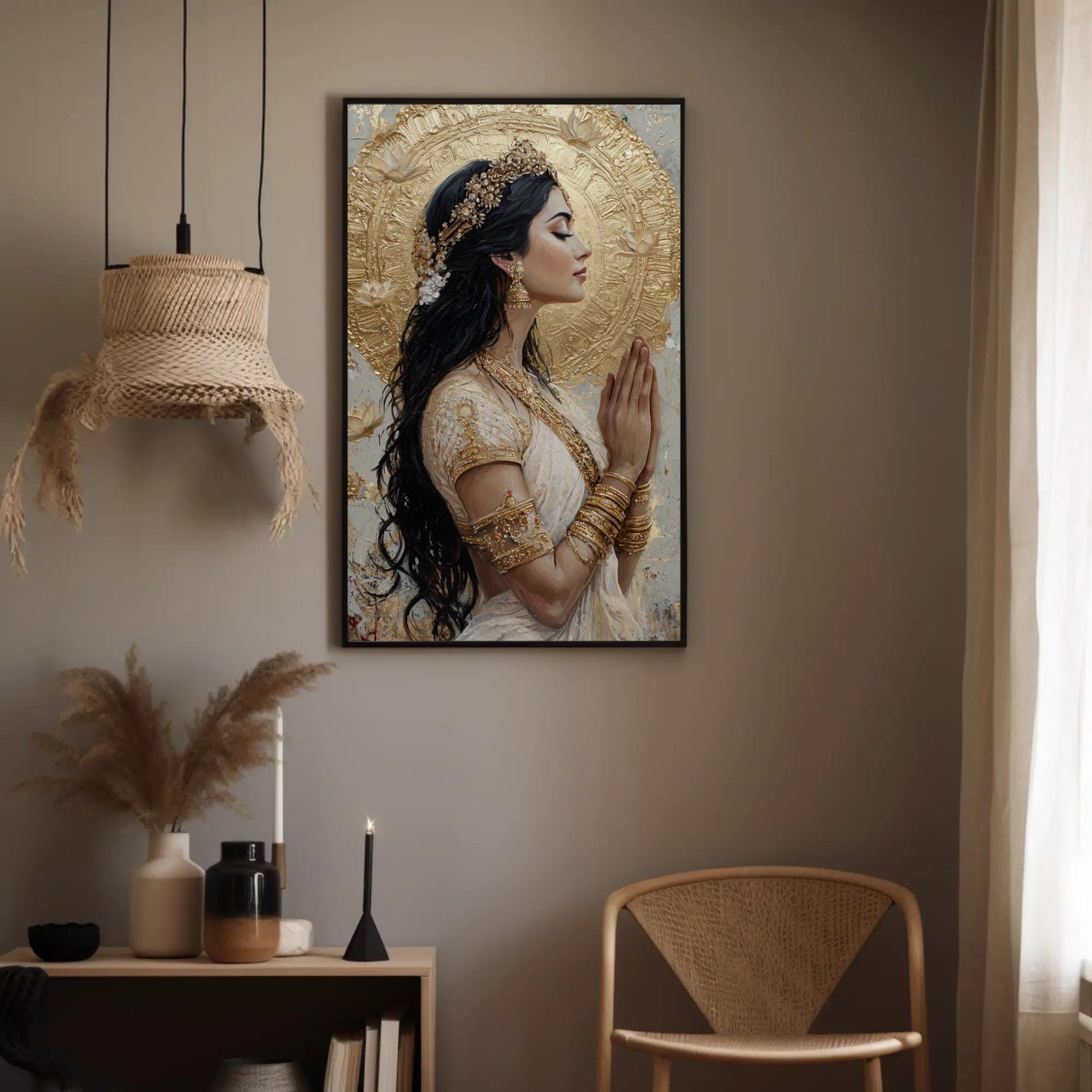 Gold Lakshmi canvas wall art shown in a styled room (view 3)