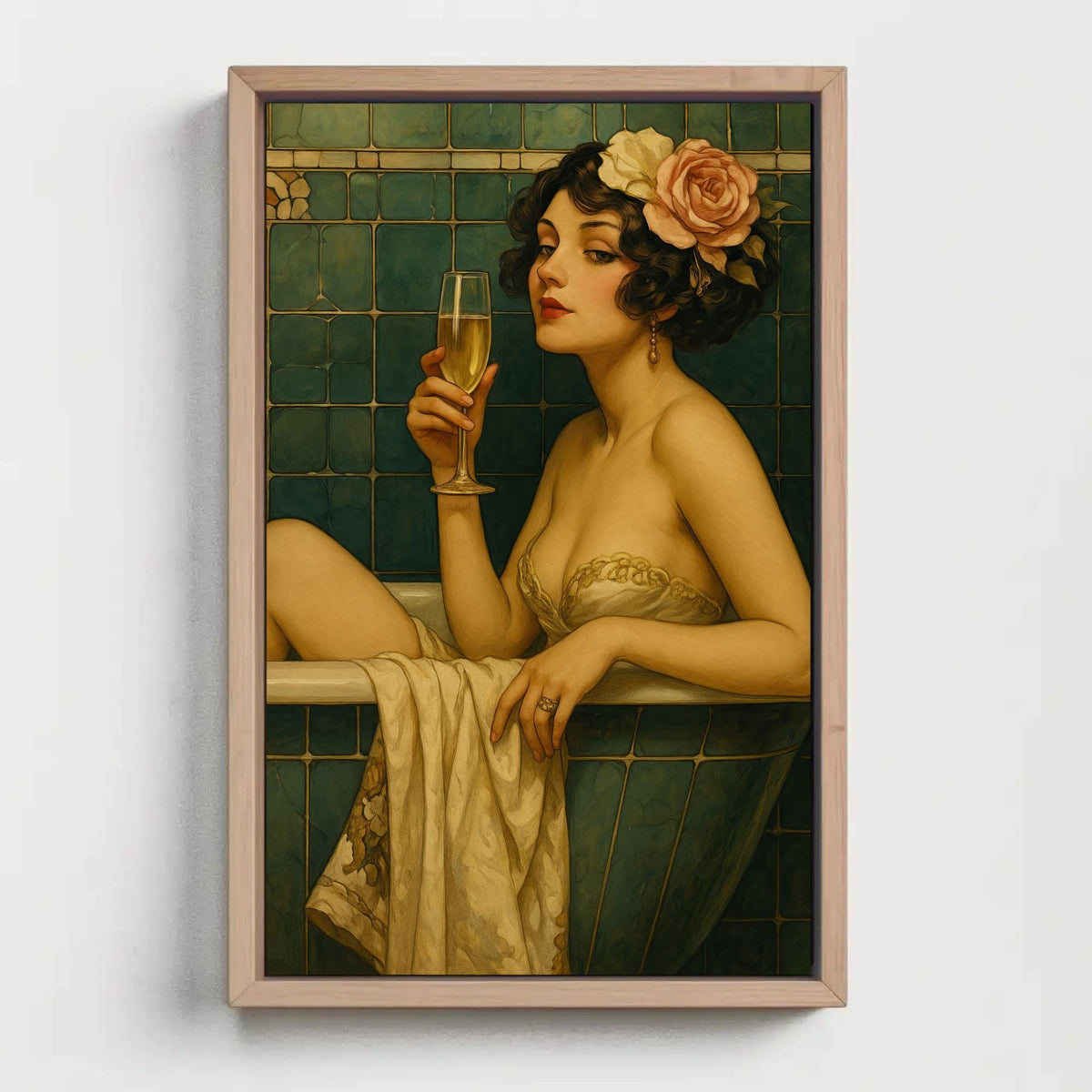 Vintage bathtub woman canvas wall art, painting of a woman in a bathtub holding a glass of wine
