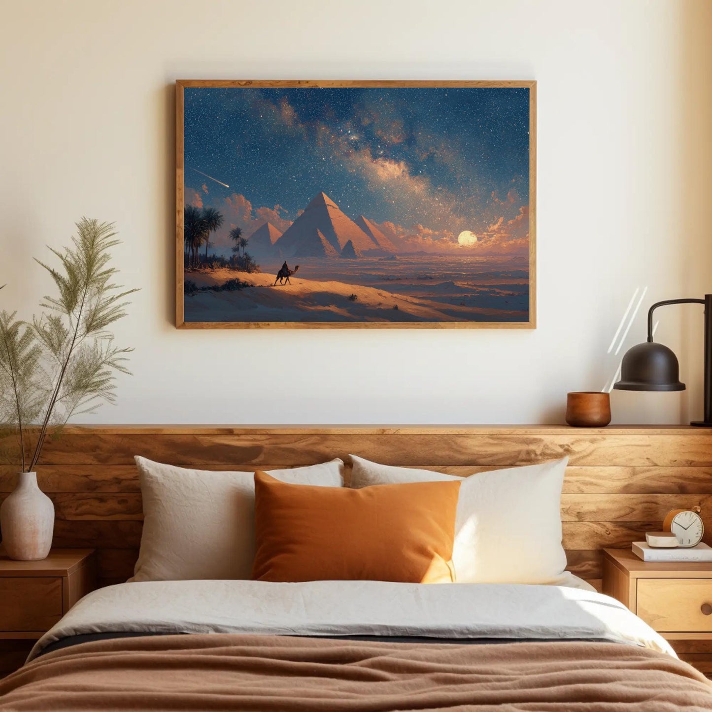 Egypt Pyramids canvas wall art shown in a bedroom