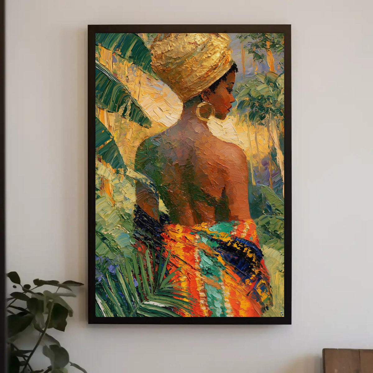 Caribbean woman canvas wall art, woman in a gold head wrap and striped cloth among tropical palms