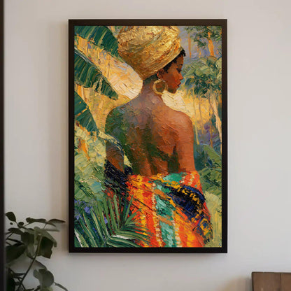 Caribbean woman canvas wall art, woman in a gold head wrap and striped cloth among tropical palms