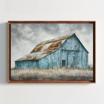 Rustic Blue Barn Canvas, Framed Farmhouse Wall Art With Wooden Frame