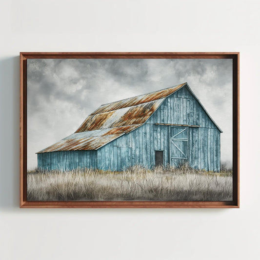 Rustic Blue Barn Canvas - Framed Farmhouse Wall Art With Wooden Frame