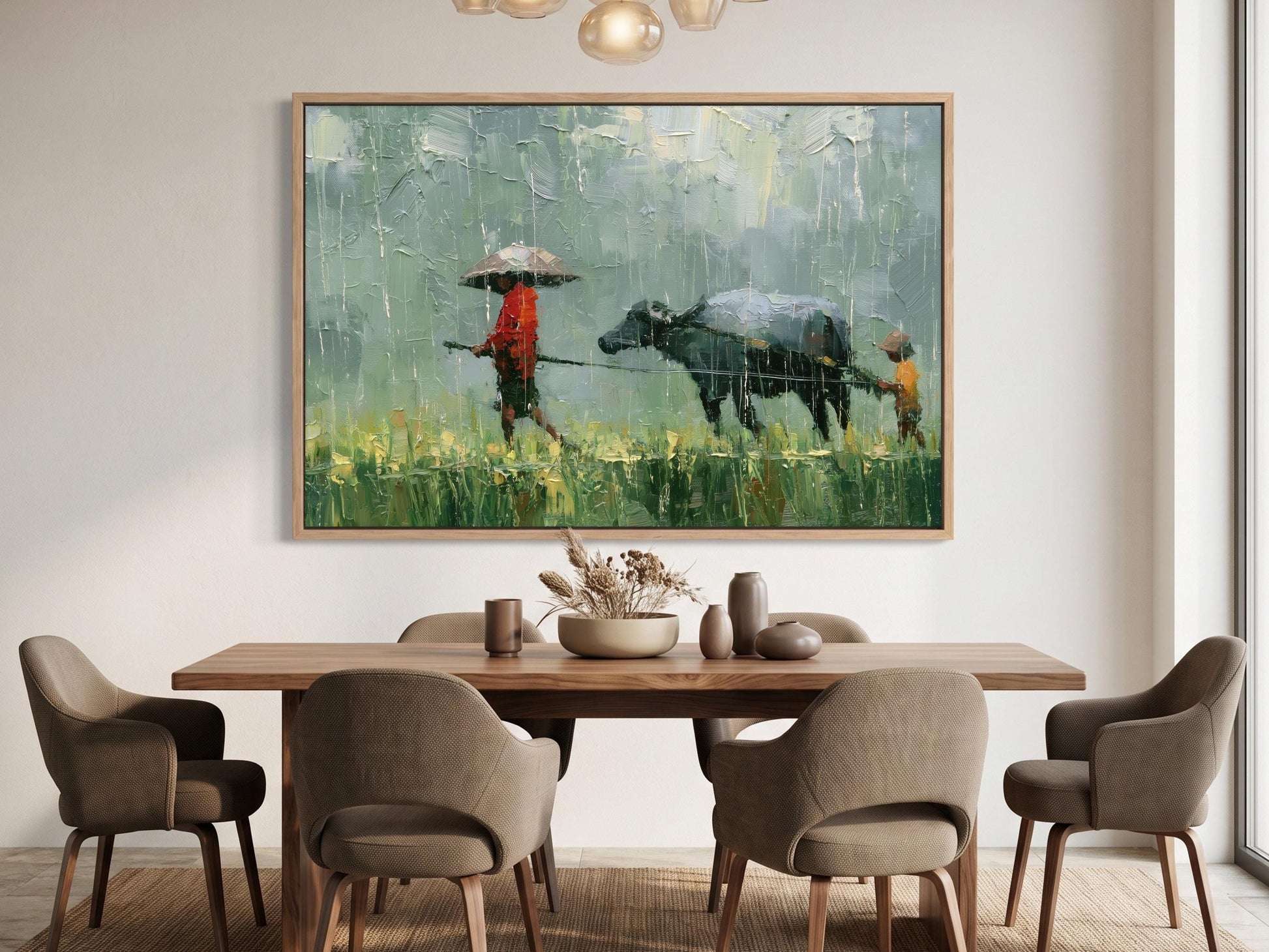 a large painting of a person walking with a cow in a field, hanging on a wall above a wooden dining table with six chairs.