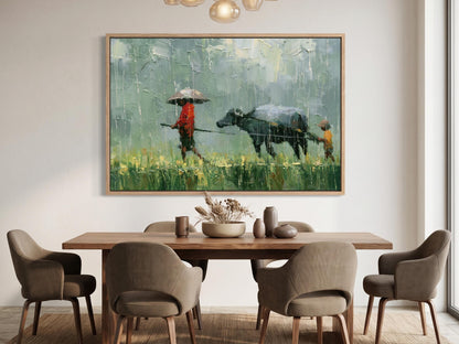 a large painting of a person walking with a cow in a field, hanging on a wall above a wooden dining table with six chairs.