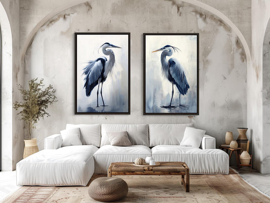 Blue Heron Canvas Set of 2 Print, Coastal Bird Wall Art Decor