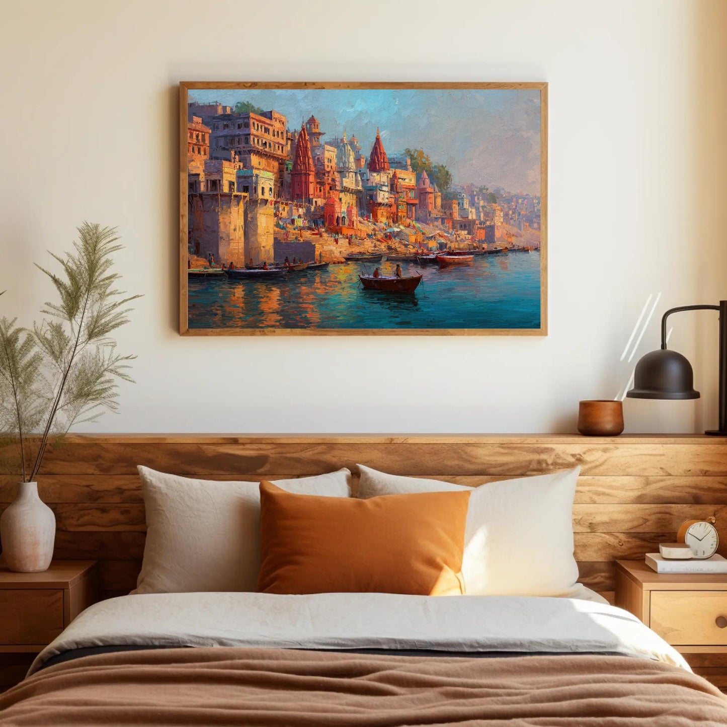 Varanasi Ghat canvas wall art shown in a bedroom