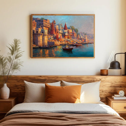 Varanasi Ghat canvas wall art shown in a bedroom