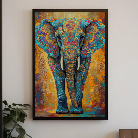 Blue elephant mandala canvas wall art, patterned turquoise elephant on gold background