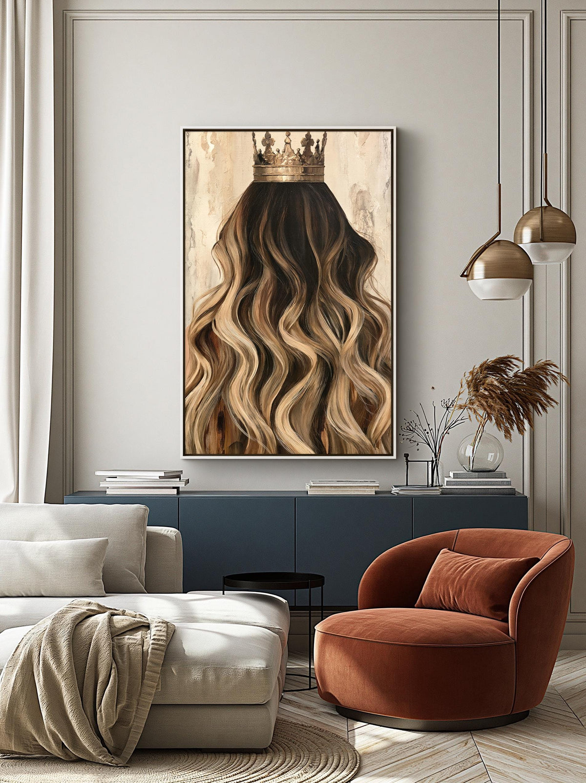 a living room with a large painting of a woman's long, wavy hair as the focal point. The room is furnished with a white sofa, a red armchair, and a black side table. The painting is hung on the wall above a blue cabinet, which has several books and decorative items on it. The room also has a chandelier and a potted plant, adding to the overall aesthetic of the space.