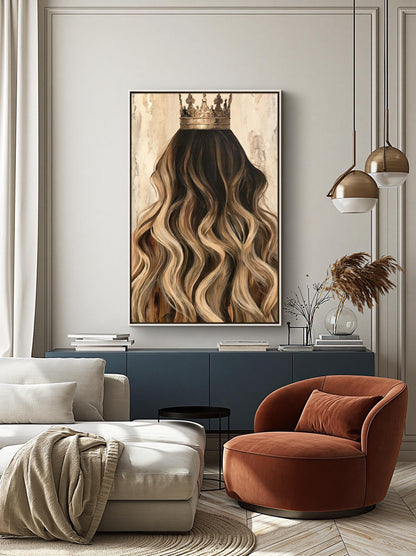 a living room with a large painting of a woman's long, wavy hair as the focal point. The room is furnished with a white sofa, a red armchair, and a black side table. The painting is hung on the wall above a blue cabinet, which has several books and decorative items on it. The room also has a chandelier and a potted plant, adding to the overall aesthetic of the space.