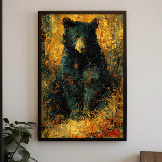 The image is a framed painting of a black bear, which is hanging on a wall.