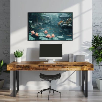 Koi Fish Pond canvas wall art shown above a desk