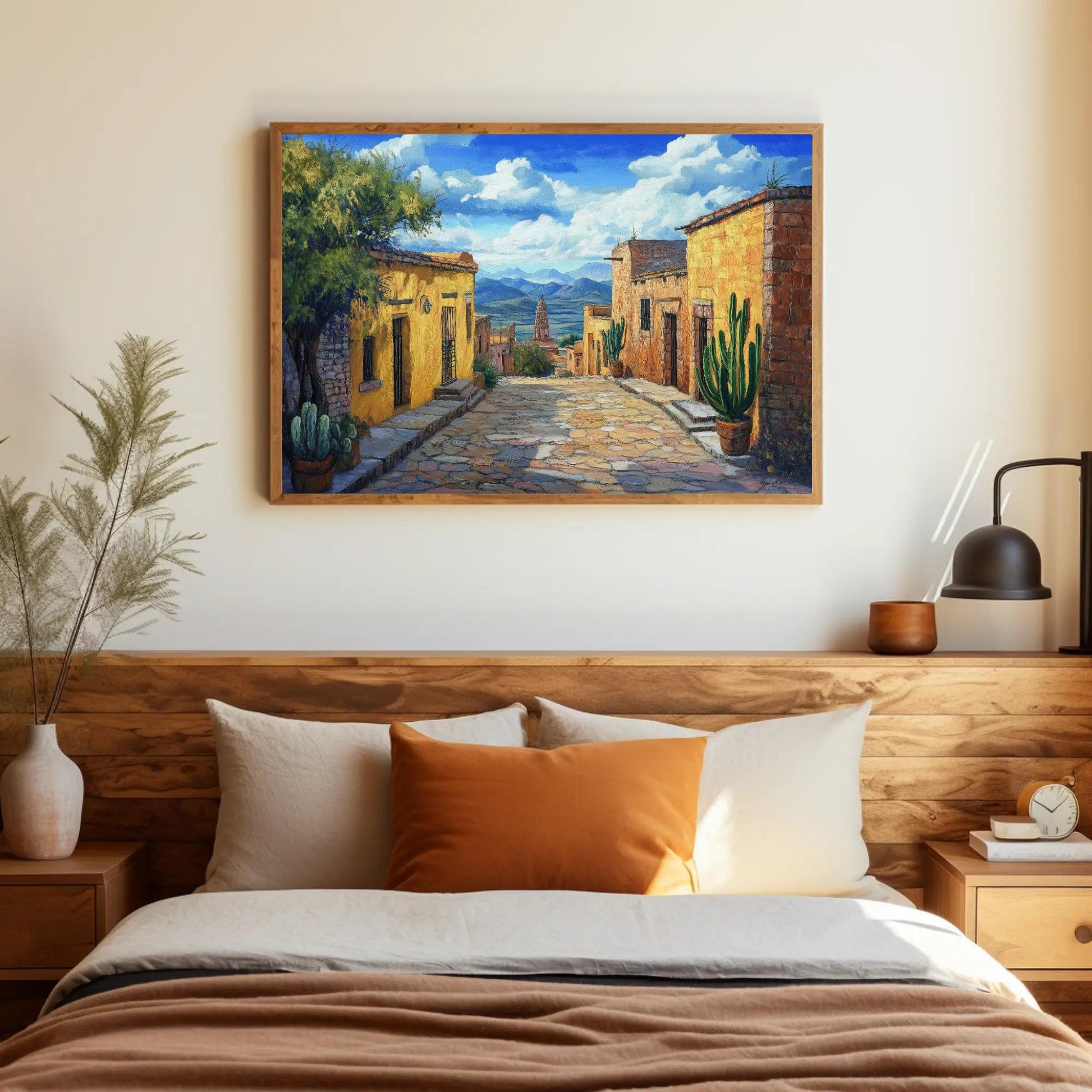 Mexican Village canvas wall art shown in a bedroom