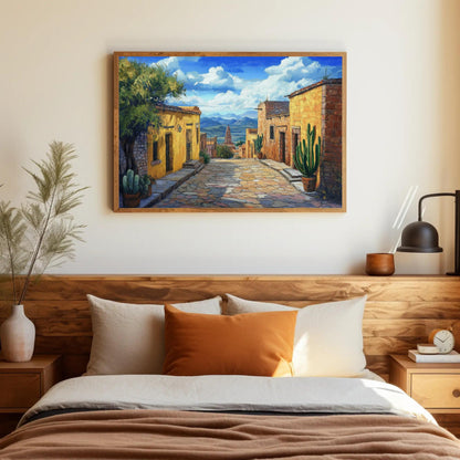 Mexican Village canvas wall art shown in a bedroom