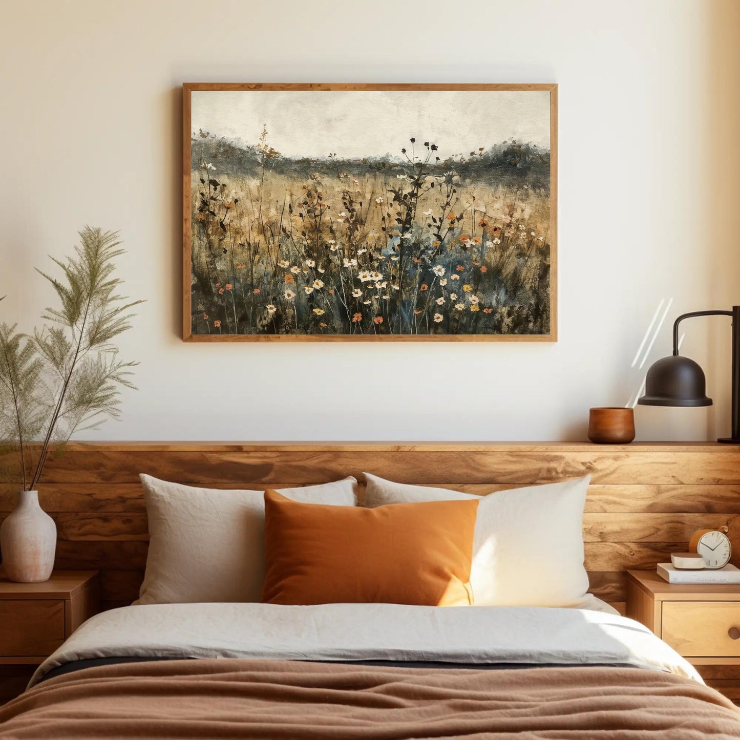 Wildflower Field , Moody Botanical Landscape Art canvas wall art shown in a bedroom (view 3)
