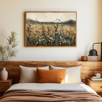 Wildflower Field , Moody Botanical Landscape Art canvas wall art shown in a bedroom (view 3)