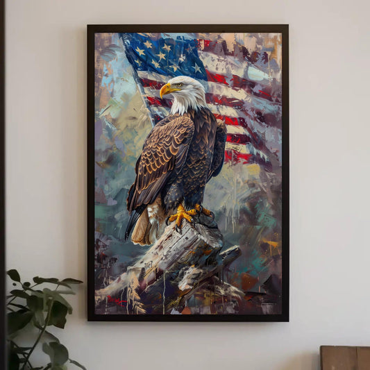a painting of an eagle sitting on a tree branch