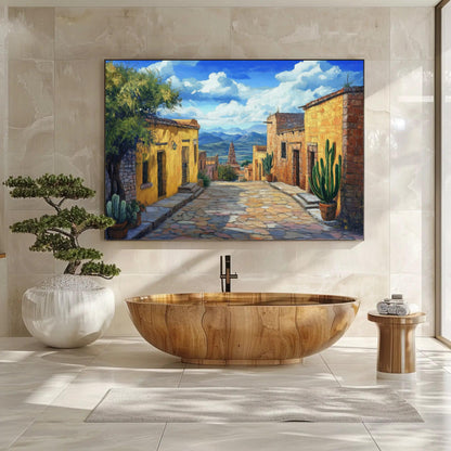 Mexican Village canvas wall art shown in a bathroom