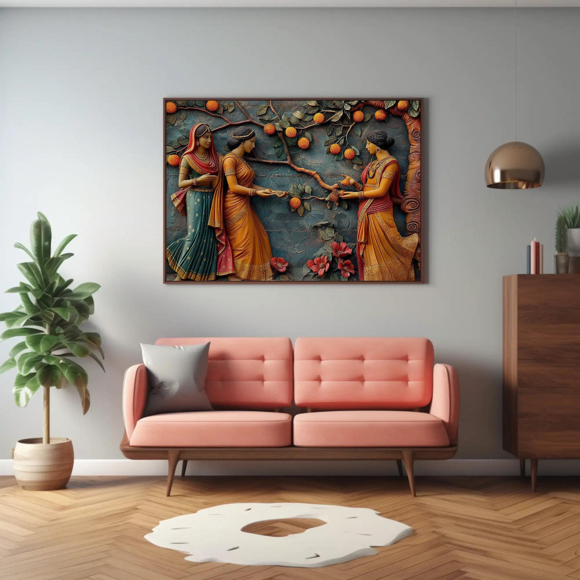 Indian Women canvas wall art shown in a living room