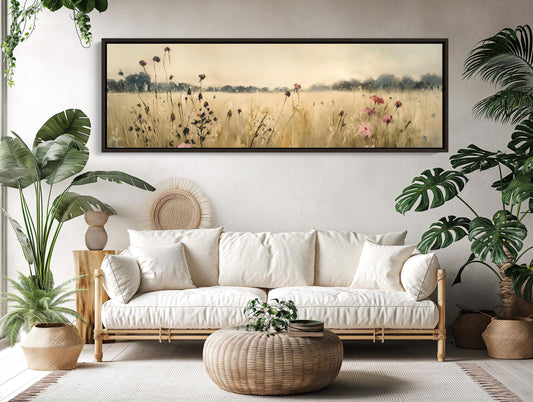 Wildflowers Vintage Painting canvas wall art shown in a living room