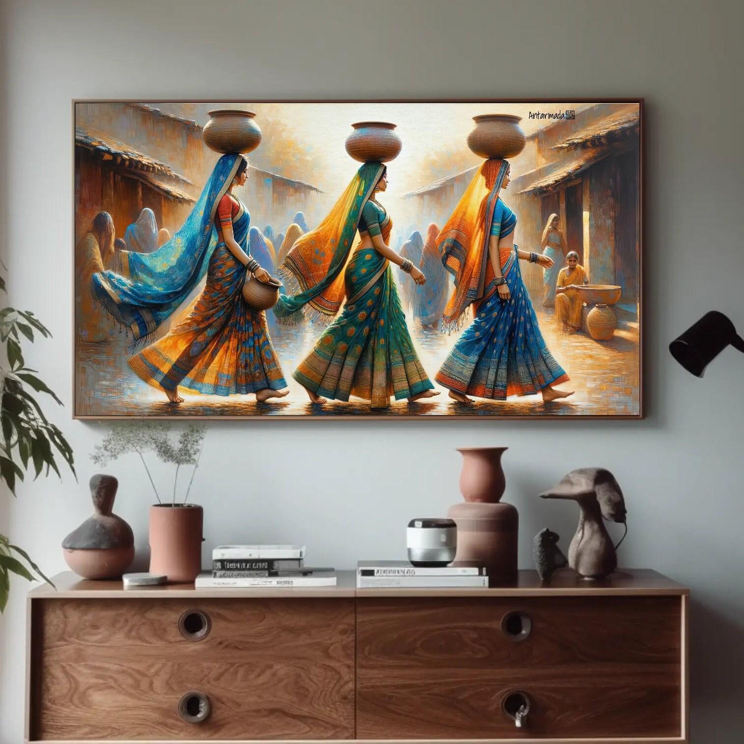 Indian Women Clay Pots , Traditional Desi traditional canvas wall art, ready to hang